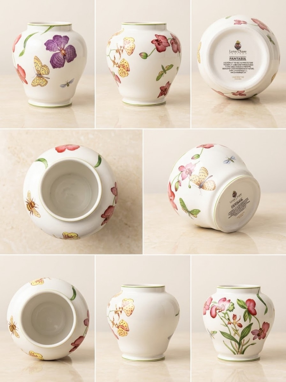 Lynn Chase Designs “Fantasia” Fine Porcelain Vase – Butterflies, Bees & Floral M